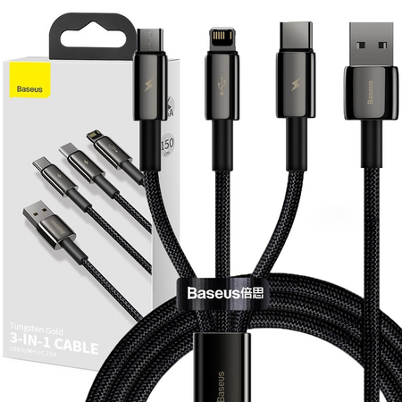 Baseus Tungsten 3w1 kabel USB - USB Typ C / Lightning / micro USB 3,5 A 1,5 m czarny (CAMLTWJ-01)