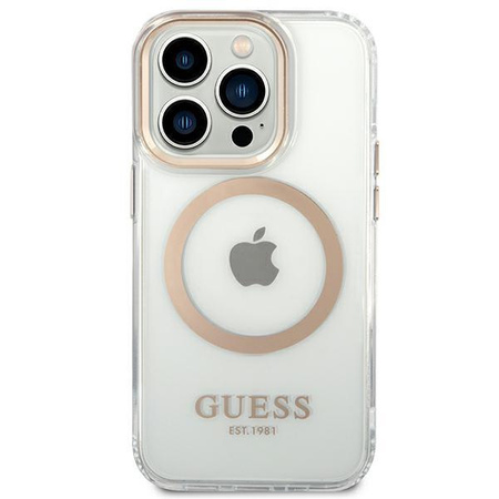 Etui Guess GUHMP14LHTRMD na iPhone 14 Pro - złote Metal Outline Magsafe