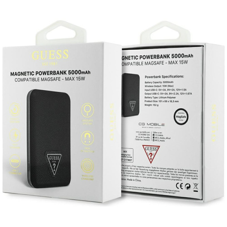 Powerbank indukcyjny Guess Grained       Triangle 5000mAh 15W USB-C MagSafe czarny