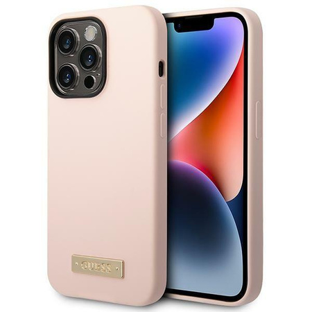 Etui Guess GUHMP14XSBPLP na iPhone 14 Pro Max - różowe Silicone Logo Plate MagSafe