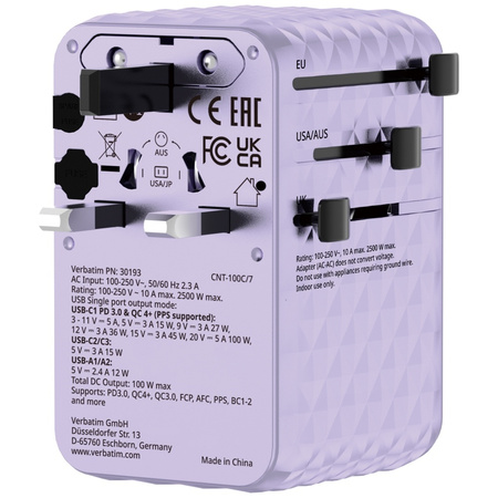 Verbatim Adapter podróżny EU/UK/US GaN   2xUSB-C/2xUSB-A/1xUSB-C PD 100W fioletowy 30193