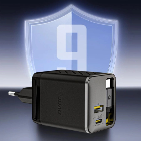 Ładowarka sieciowa Dudao A67EU GaN 67W z wbudowanym zwijanym kablem USB-C Power Delivery Quick Charge - czarna