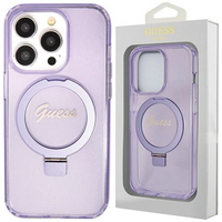 Etui Guess Ring Stand Script Glitter MagSafe na iPhone 15 Pro - fioletowe