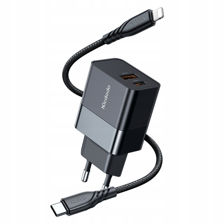 Mcdodo Phone Charger, Fast, USB, USB-C, 20W, Iphone cable included, black, CH-1952
