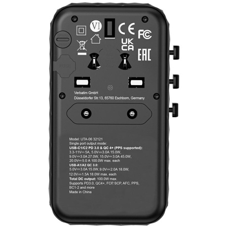 Verbatim Adapter podróżny EU/UK/US GaN2xUSB-A/2xUSB-C PD 100W UTA-06 czarny/black 32121