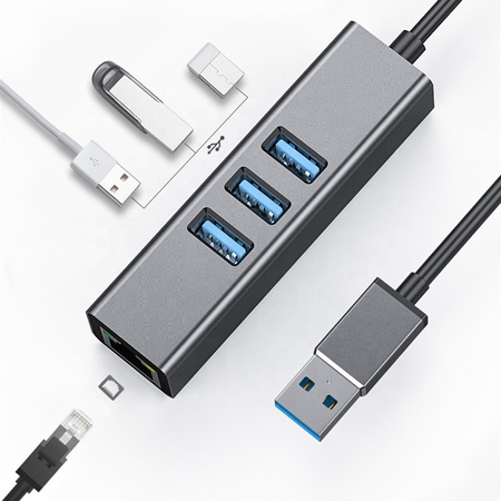 Adapter do komputera CO2, HUB 3.0 , 3 porty USB 3.0 Ethernet RJ45 Gigabit, dla Windows, MacOs, Linux 0113