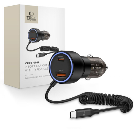 TECH-PROTECT ŁADOWARKA SAMOCHODOWA 60W 2X USB DO TELEFONU AUTA KABEL USB-C