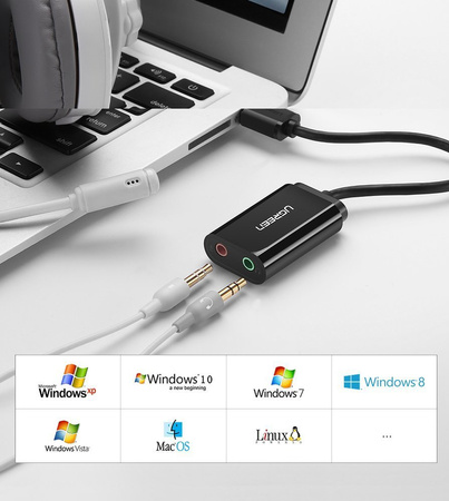 Ugreen zewnętrzna karta dźwiękowa muzyczna adapter USB - 3,5 mm mini jack 15cm czarny (30724)