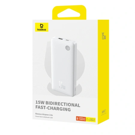 Powerbank Baseus Airpow Lite 10000mAh 15W z kablem Baseus Simple USB-A - USB-C 30cm - biały