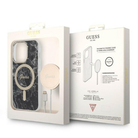 Guess zestaw ładowarka MagSafe + etui do iPhone 14 Pro 6,1" czarne Marble (GUBPP14LHMEACSK)