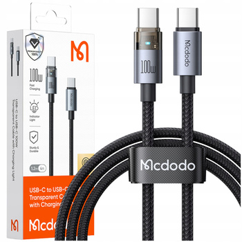 MCDODO KABEL USB-C SZYBKIE ŁADOWANIE USB TYP C 5A 100W 1M LED CZARNY