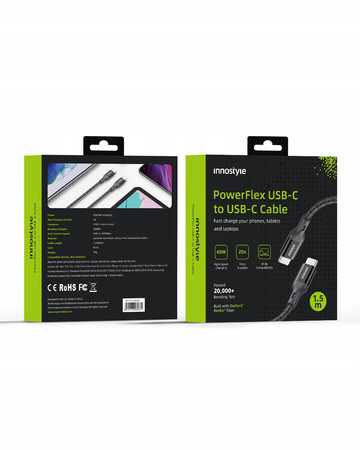 INNOSTYLE POWERFLEX KABEL USB-C SZYBKIE ŁADOWANIE DO IPHONE SAMSUNG 3A 60W KEVLAR 2M CZARNY