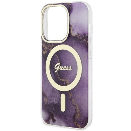 Etui Guess GUHMP14LHTMRSU na iPhone 14 Pro purpurowy/purple hardcase Golden Marble MagSafe