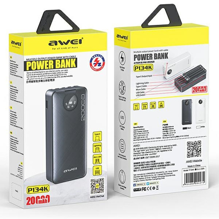 AWEI POWERBANK P134K 20000MAH DO TELEFONÓW Z WYŚWIETLACZEM USB PD Z