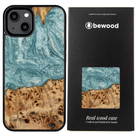 Etui z drewna i żywicy na iPhone 15 Bewood Unique Uran - niebiesko-białe