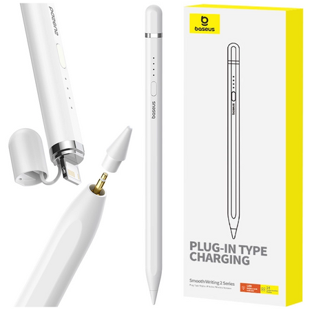 Rysik z aktywną końcówką Baseus Smooth Writing 2 do iPad + kabel USB-A - Lightning i wymienna końcówka - biały