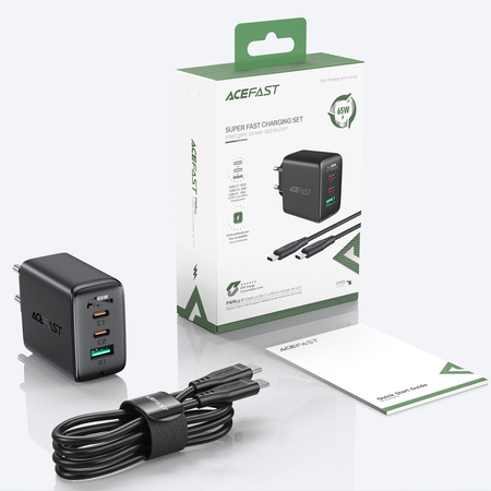 Acefast 2w1 ładowarka sieciowa 2x USB Typ C / USB 65W, PD, QC 3.0, AFC, FCP (zestaw z kablem) czarny (A13 black)