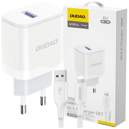 Ładowarka sieciowa Dudao A20EU USB-A 18W - biała + kabel USB-A - Lightning