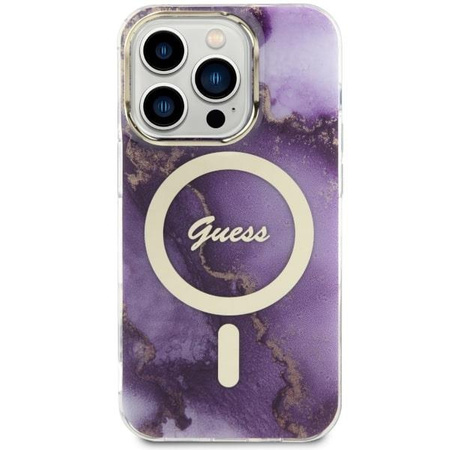 Etui Guess GUHMP14LHTMRSU na iPhone 14 Pro purpurowy/purple hardcase Golden Marble MagSafe