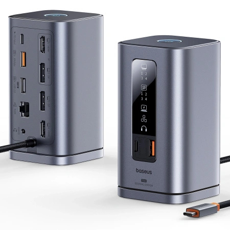 Stacja dokująca Baseus Spacemate RD1 hub 11w1 USB-C - 2xHDMI 4K@60Hz 2xDP 4K@60Hz 2xUSB-A 10Gb/s USB-C 10Gb/s RJ45 USB-A 480Mb/s USB-C PD mini jack 3.5mm ładowarka EU - szara