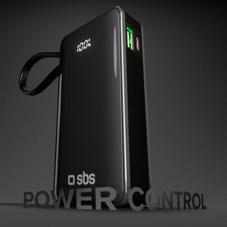 Powerbank SBS 10000 mAh 20W z wbudowanym kablem USB-C i wyświetlaczem cyfrowym - czarny