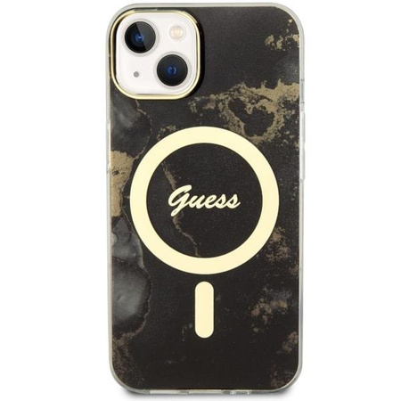Etui Guess GUHMP14SHTMRSK na iPhone 14 - czarne Golden Marble MagSafe