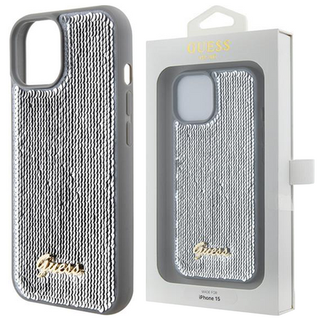 Etui Guess Sequin Script Metal na iPhone 15 - srebrne
