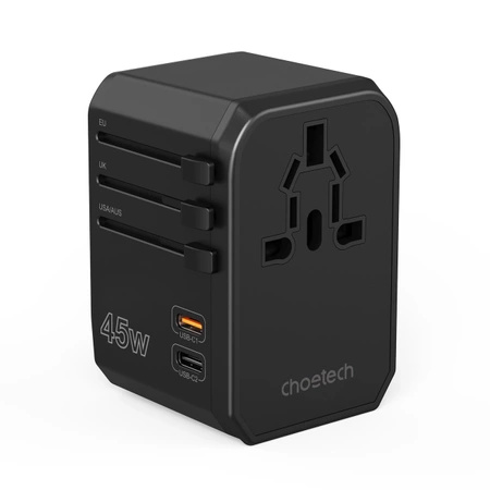 Ładowarka podróżna GaN Choetech PD6045 USB-C USB-A 45W z wtyczkami USA EU UK AU - czarna