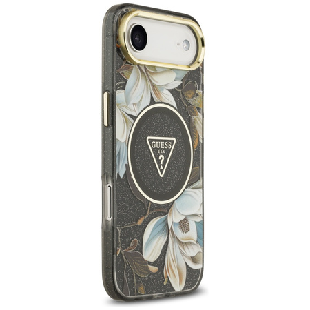 Etui Guess IML Glitter Flowers Triangle  MagSafe do iPhone Air czarny