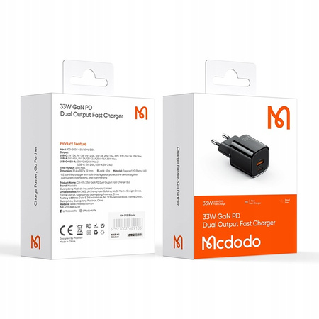MCDODO SZYBKA ŁADOWARKA SIECIOWA DO TELEFONU ZASILACZ 2X USB USB-C 33W GAN