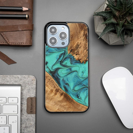 Etui z drewna i żywicy na iPhone 15 Pro Max Bewood Unique Turquoise - turkusowo-czarne
