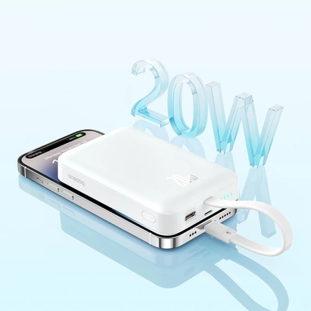 Powerbank Baseus Magnetic Mini MagSafe 10000mAh 20W z wbudowanym kablem Lightning - biały + kabel Baseus Simple Series USB-C - USB-C 60W 0.3m