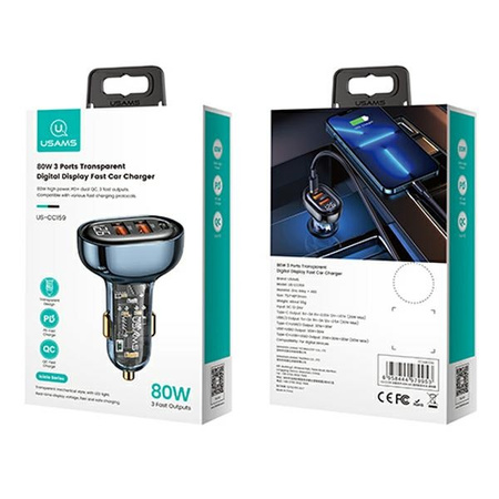 USAMS ŁADOWARKA SAMOCHODOWA 2xUSB 1xUSB-C 80W DO TELEFONÓW ZŁĄCZE USB-C