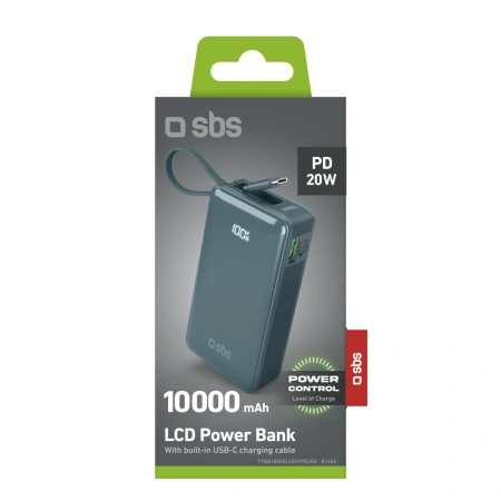 Powerbank SBS 10000 mAh 20W z wbudowanym kablem USB-C i wyświetlaczem cyfrowym - szary
