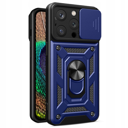 Pancerne etui z podstawką i osłoną aparatu do iPhone 15 Pro Hybrid Armor Camshield - niebieskie