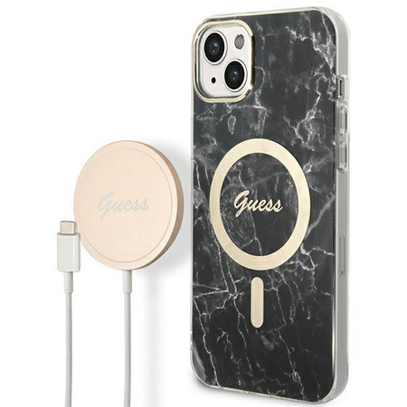 Guess zestaw ładowarka MagSafe + etui do iPhone 14 Plus 6,7" czarne Marble (GUBPP14MHMEACSK)