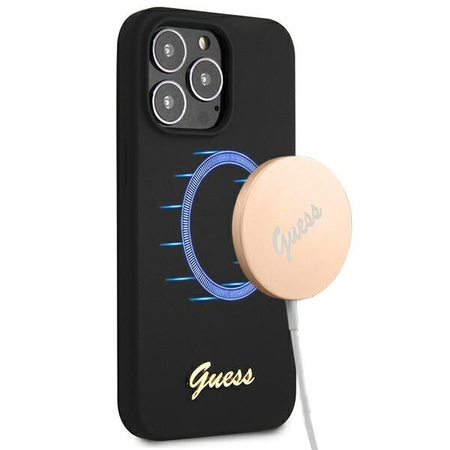 Guess GUHMP13LLSLMGBK iPhone 13 Pro / 13 6,1" black/czarny hardcase Silicone Script Gold Logo MagSafe