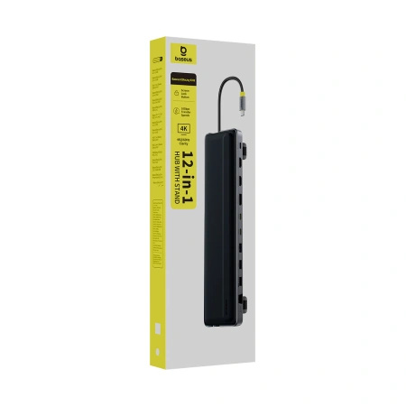 Stacja dokująca Baseus EliteJoy EH3 hub 12w1 USB-C - 2xHDMI 4K@60Hz DisplayPort 4K@60Hz 2xUSB-C 10Gb/s 2xUSB-A 5Gb/s USB-A 480Mb/s SD/microSD 3.0 RJ45 1Gigabit USB-C PowerDelivery - szara