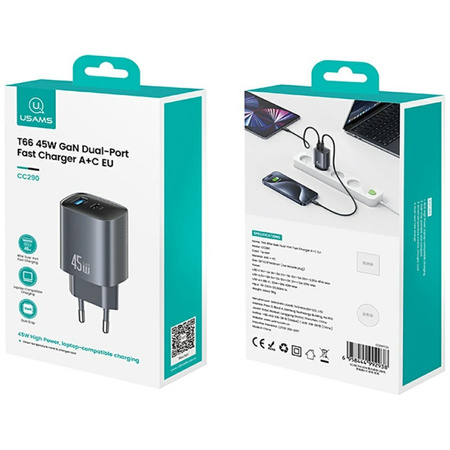 USAMS ŁADOWARKA SIECIOWA CC290 T66 45W DO TELEFONÓW USB-A USB-C GŁADKA