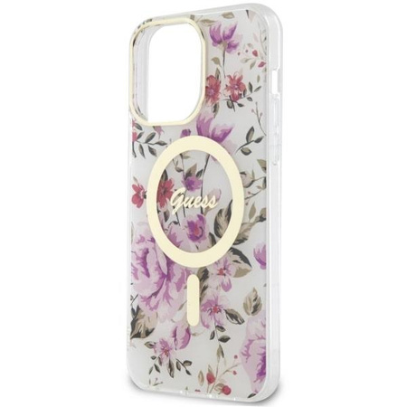 Etui Guess GUHMP14LHCFWST na iPhone 14 Pro - przezroczyste hardcase Flower MagSafe