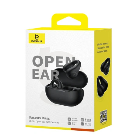 Słuchawki Baseus Bass 15 Clip OWS bezprzewodowe z kablem Baseus Simple USB-C 3A 30cm - czarne