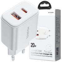 Szybka dwuportowa ładowarka sieciowa 20W USB-C / USB-A Joyroom JR-TCF05 - biała + kabel USB-C - Lightning 1m