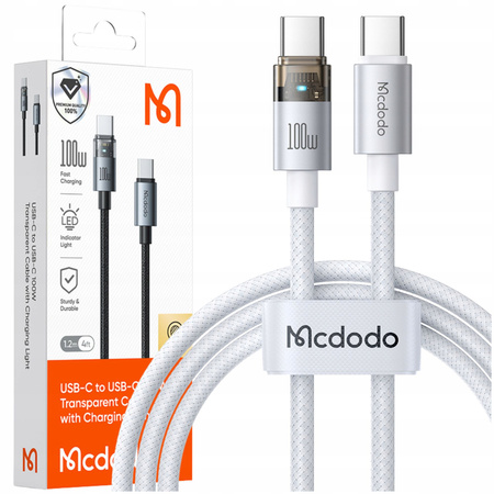 MCDODO KABEL USB-C SZYBKIE ŁADOWANIE USB TYP C 5A 100W 1M LED BIAŁY