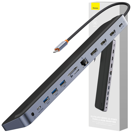 Baseus EliteJoy Gen2 uniwersalny HUB USB 12w1 z kablem USB-C 25cm podstawka pod notebook USB-A / USB-C / DP / HDMI / SD / TF / RJ45 / 3,5mm jack / PD 100W szary (WKSX030213)