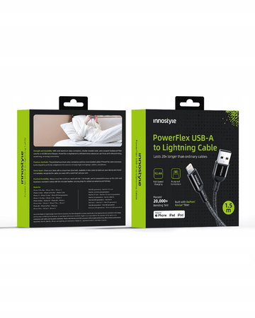 INNOSTYLE POWERFLEX KABEL USB LIGHTNING MFI SZYBKIEGO ŁADOWANIA DO IPHONE KEVLAR 2M CZARNY
