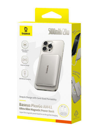 Baseus PicoGo AM41 magnetyczny power bank typu karta 20W 5000mAh naturalny tytan