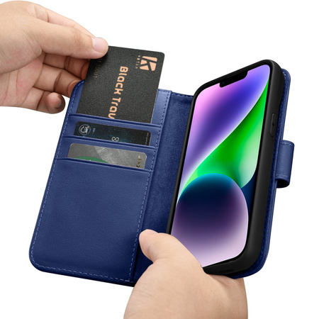 iCarer Wallet Case 2in1 etui iPhone 14 skórzany pokrowiec z klapką Anti-RFID niebieski (WMI14220725-BU)