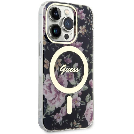 Etui Guess GUHMP14LHCFWSK na iPhone 14 Pro - czarne Flower MagSafe
