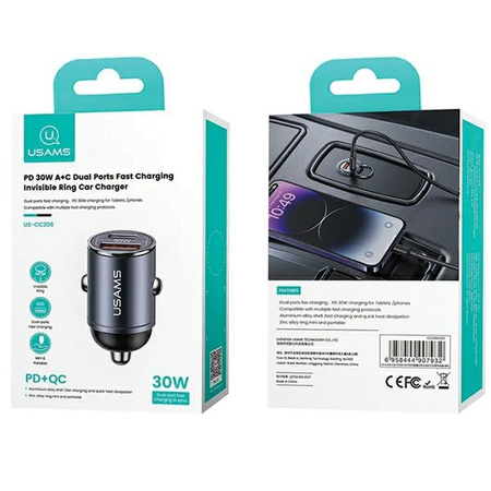 USAMS ŁADOWARKA SAMOCHODOWA 1xUSB 1xUSB-C C38 30WPD DO TELEFONÓW IPHONE