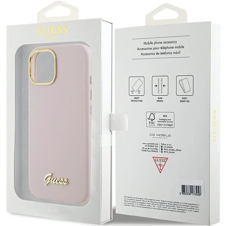 Etui Guess Silicone Script Metal Logo & Frame do iPhone 15 - różowe